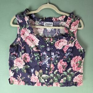 Vintage Banjo Women Floral Pearl Snap Sleeveless Crop Top Cottage Prairie Ruffle